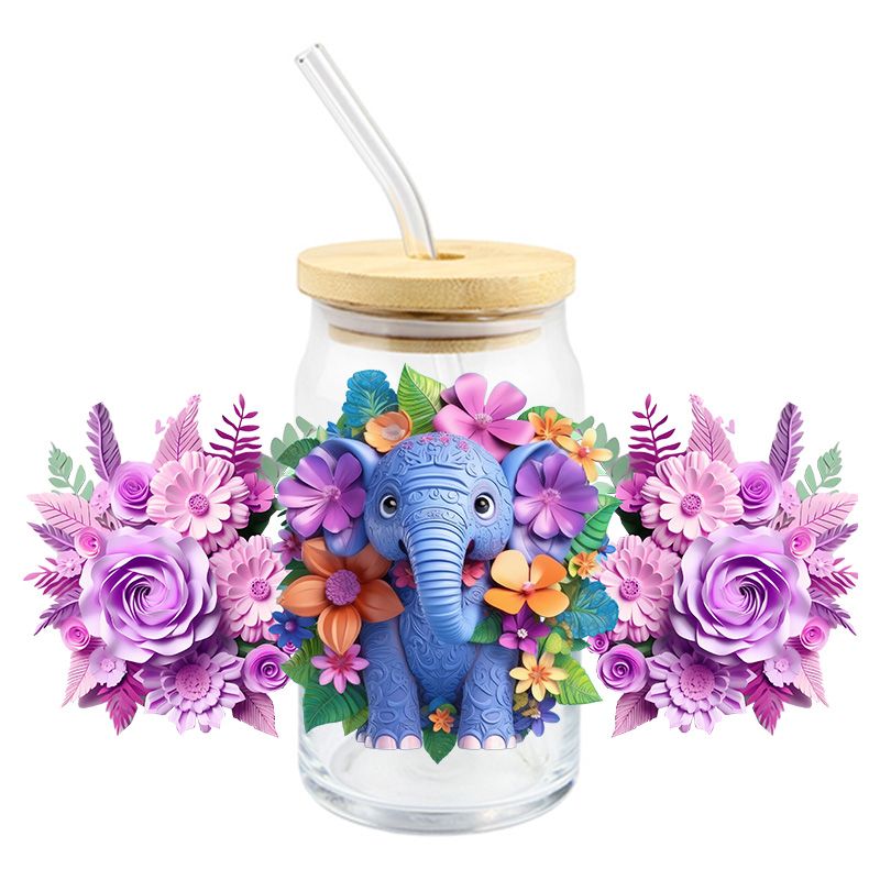 Floral Flowers Elephant 3D realistic looking 16oz Libbey Glass Can Ready to apply | UVDTF #169