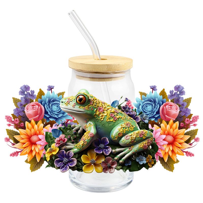 Floral Flowers Frog 3D realistic looking 16oz Libbey Glass Can Ready to apply | UVDTF #168