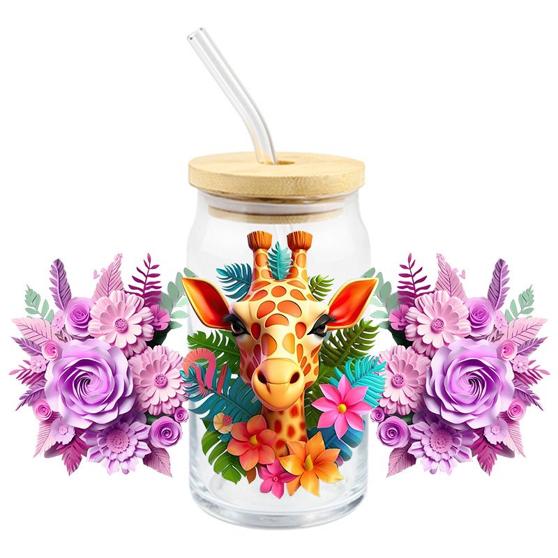 Floral Flowers Giraffe 3D realistic looking 16oz Libbey Glass Can Ready to apply | UVDTF #162