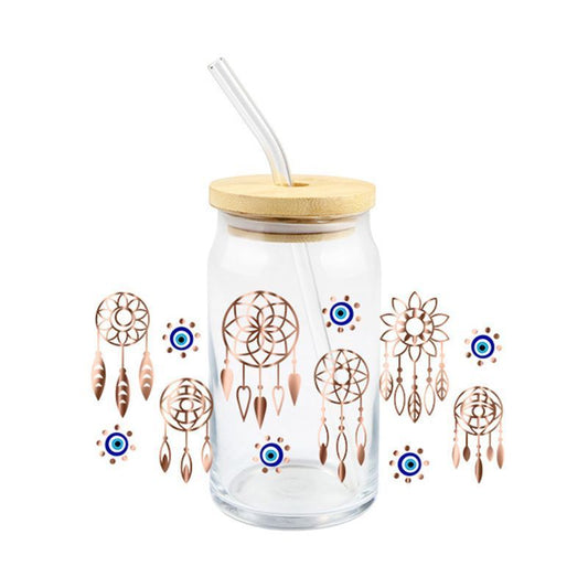 Evil Eye Hamsa Good Vibes Dream catchers 16oz Libbey Glass Can Ready to apply | UVDTF #325