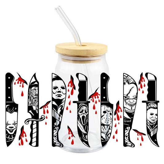 Halloween Scary Spooky Horror Knives 16 oz Libbey Glass Can Ready to apply | UVDTF