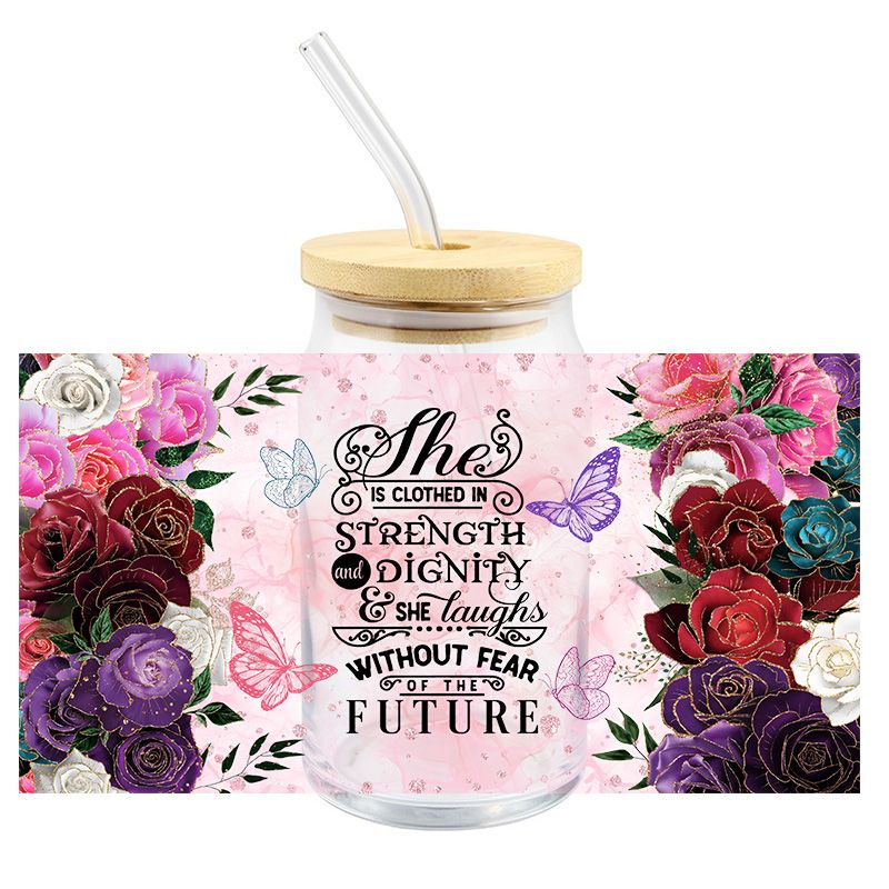 She is clothed in strength & Dignity prayer faith floral 16oz Libbey Glass Can Ready to apply | UVDTF 312