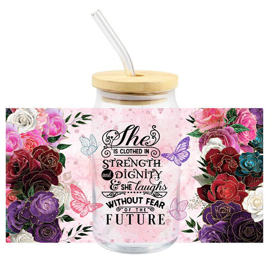 She is clothed in strength & Dignity prayer faith floral 16oz Libbey Glass Can Ready to apply | UVDTF 312