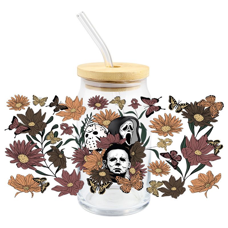 Halloween Scary Horror Characters Floral 16 oz Libbey Glass Can Ready to apply | UVDTF #H4