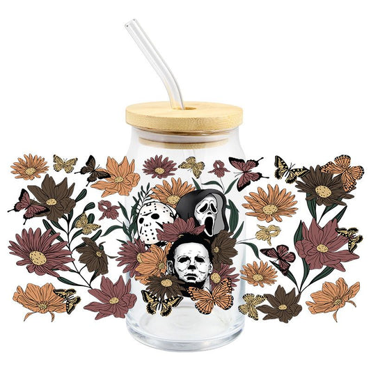 Halloween Scary Horror Characters Floral 16 oz Libbey Glass Can Ready to apply | UVDTF