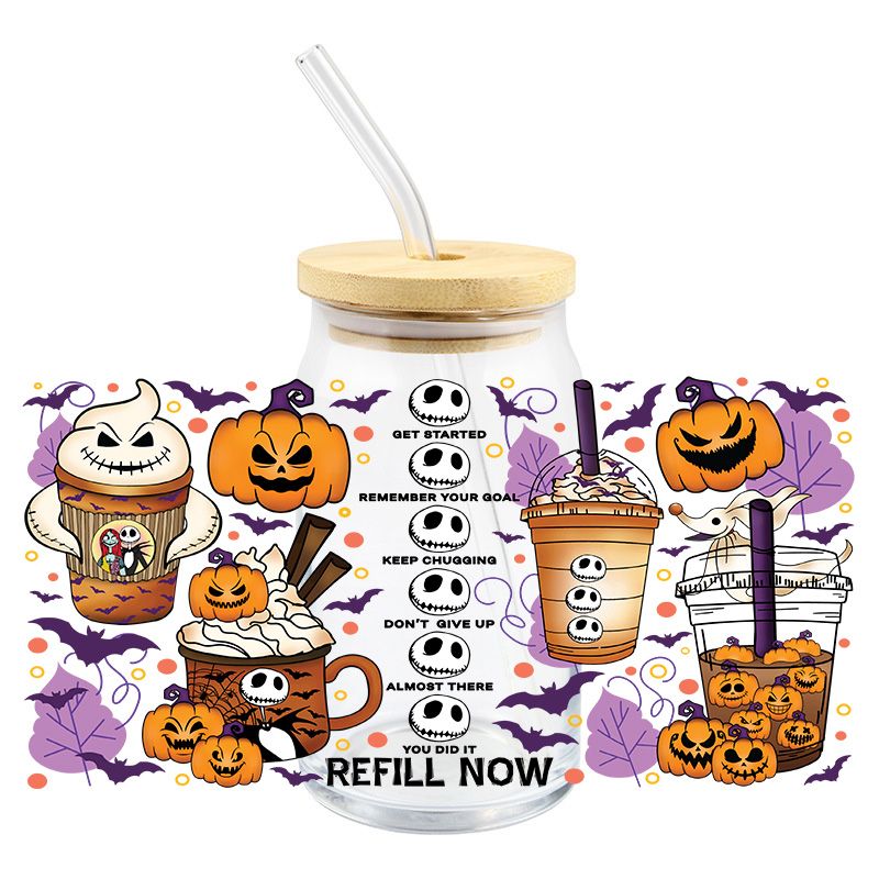 Halloween Scary Spooky Ghost pumpkins bats water reminder 16oz cup wrap Ready to apply