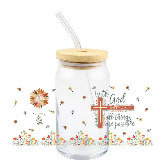 Faith God Matthew Christ Lord Floral 16oz Libbey Glass Can Ready to apply | UVDTF #312