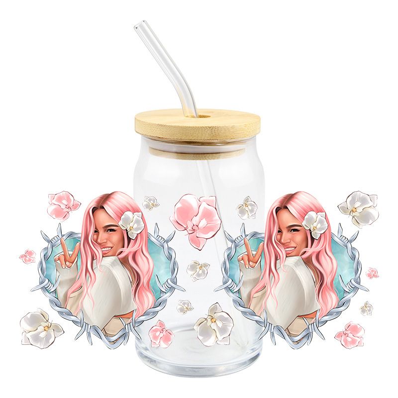 Karol G Bichota floral pink hair 16oz Libbey Glass Can UVDTF