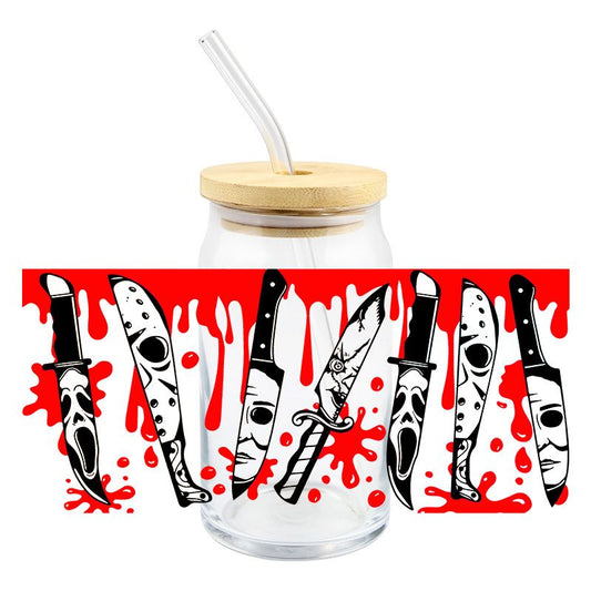 Halloween Scary Horror Bloody Knives 16 oz Libbey Glass Can Ready to apply | UVDTF #